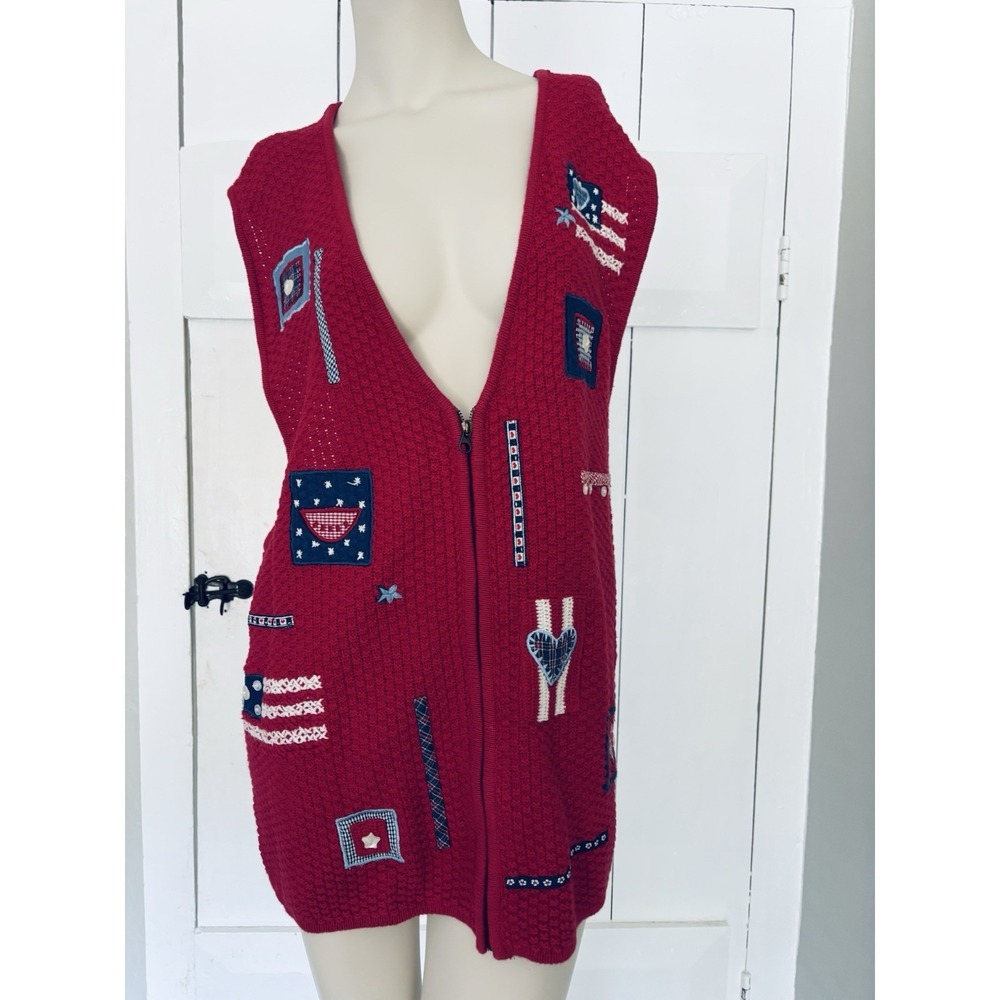 Koret City Blues Red Patriotic Americana Embroidered Patch Sweater Vest Women 2X